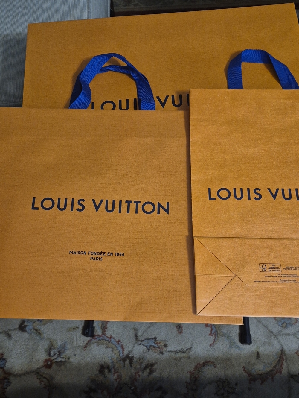 Louis Vuitton Orange Shopping Bags with Blue Handles